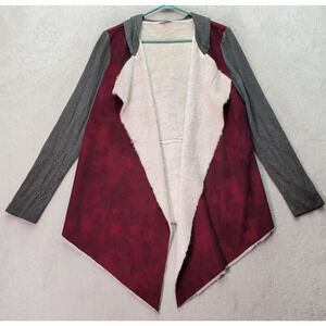 Naked Zebra Cardigan Women's Size Medium Gray Maroon Fur Lined Hooded Open Front